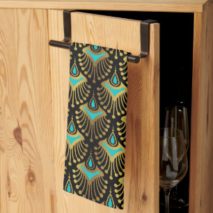 Gold and blue Art Deco pattern on black Kitchen To Towel