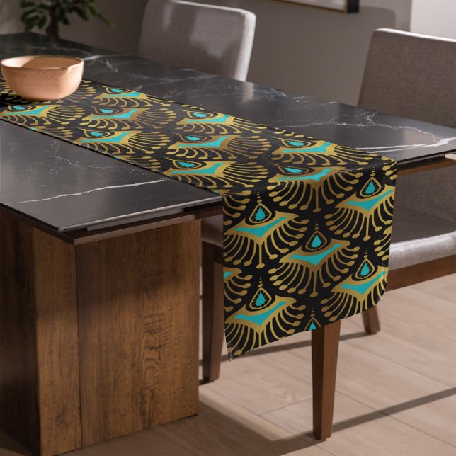 Gold and blue Art Deco pattern on black Long Table Runner (Creator Uploaded)