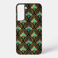 Gold and blue Art Deco pattern on black
