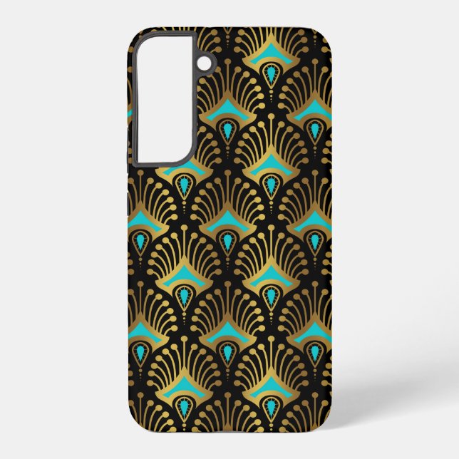 Gold and blue Art Deco pattern on black Samsung Galaxy S22+ Case (Back)