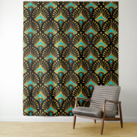 Gold and blue Art Deco pattern on black