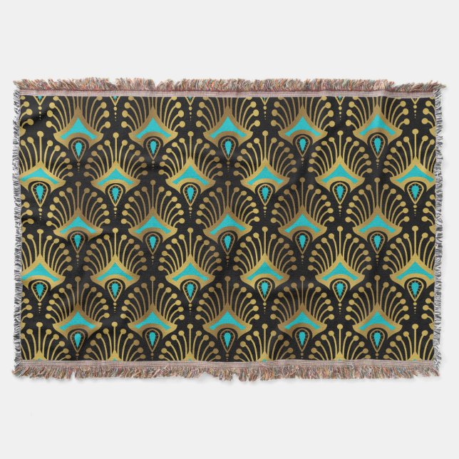Gold and blue Art Deco pattern on black Throw Blanket (Front)