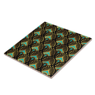 Gold and blue Art Deco pattern on black Tile