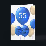 Gold and Blue Balloons 55th Birthday Card<br><div class="desc">Personalized 55th birthday card for him featuring blue and gold balloons. You will be able to easily personalize the front with his name and the message inside card. Scroll down to "Personalize this template" to edit.</div>