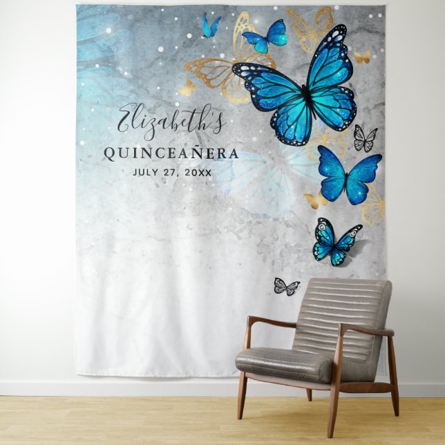 Gold and Blue Butterfly Photo Backdrop Tapestries (In Situ)