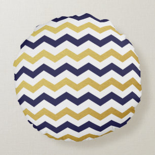 Gold and Blue Chevron Pattern Round Pillows