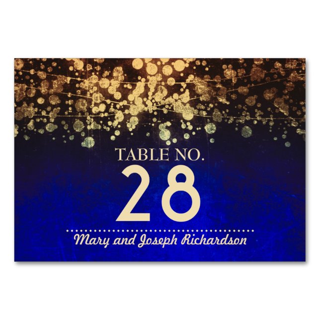Gold and Blue Chic String lights Wedding Table Number (Front)