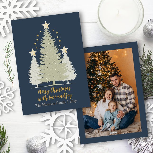 Gold and Blue Christmas Trees and Stars Photo Holiday Card (Gold and Blue Christmas Trees and Stars Photo Holiday Card)
