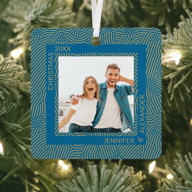 Gold and Blue Couples Photo Metal Ornament (Insitu)