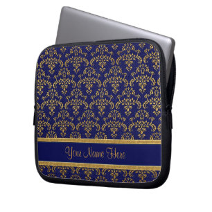 Gold and Blue Damask Pattern Laptop Sleeve