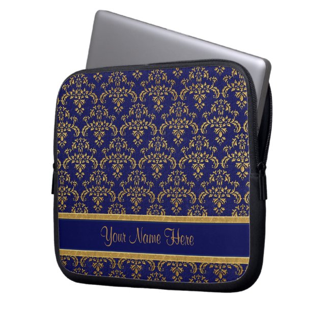 Gold and Blue Damask Pattern Laptop Sleeve (Front Left)