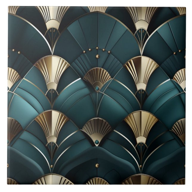 Gold and Blue Deco, Art Deco Fan Tile (Front)