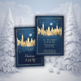Gold and Blue elegant Christmas Party Invitation