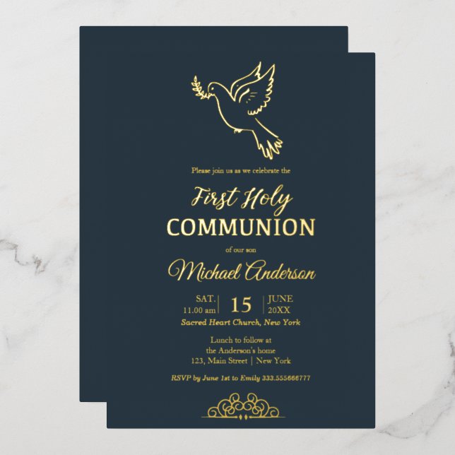 Gold and blue elegant Communion Invitation (Front/Back)