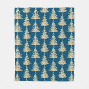 Gold and blue evergreen tree elegant winter fleece blanket