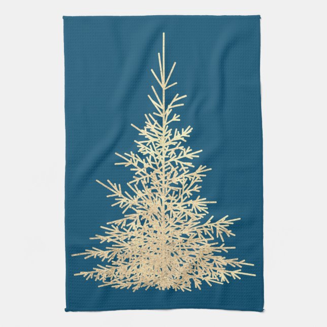 Gold and blue evergreen tree elegant winter  kitchen towel (Vertical)