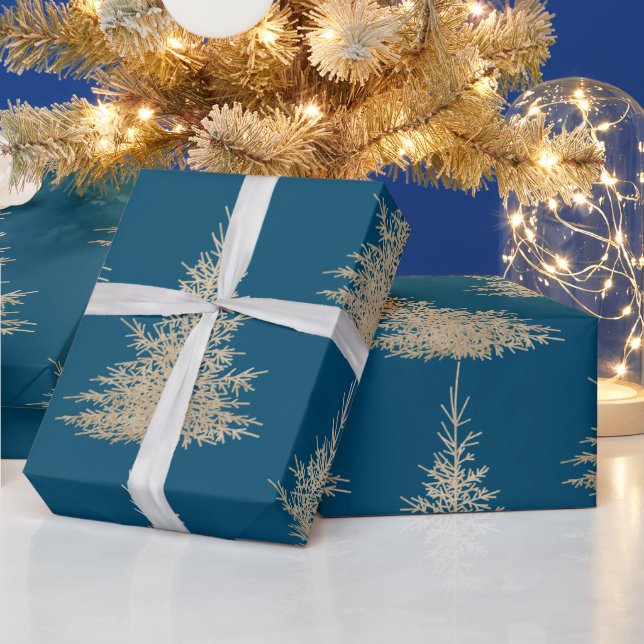 Gold and blue evergreen tree elegant winter wrapping paper (Holidays)