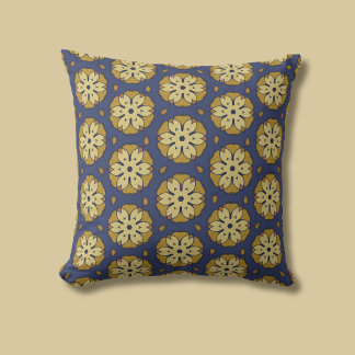 Gold and Blue Floral and Teardrop Pattern Throw Pillow