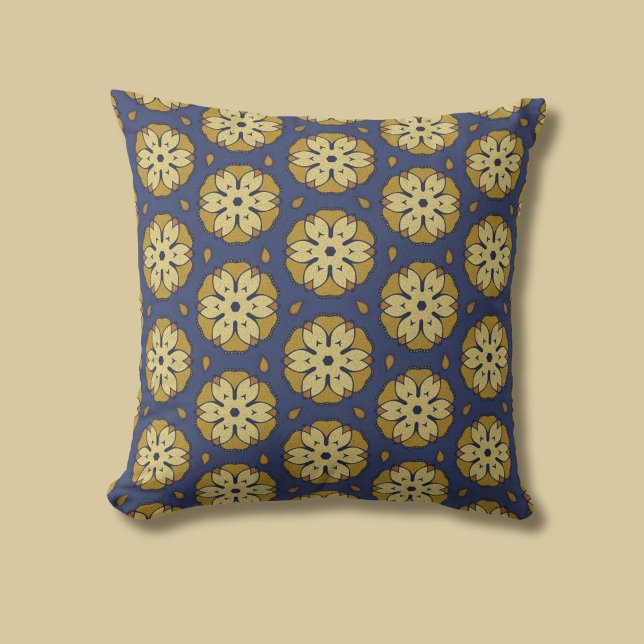 Gold and Blue Floral and Teardrop Pattern Throw Pillow (Creator Uploaded)