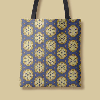 Gold and Blue Floral and Teardrop Pattern Tote Bag