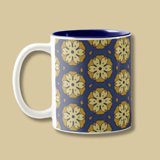 Gold and Blue Floral and Teardrop Pattern Two-Tone Coffee Mug