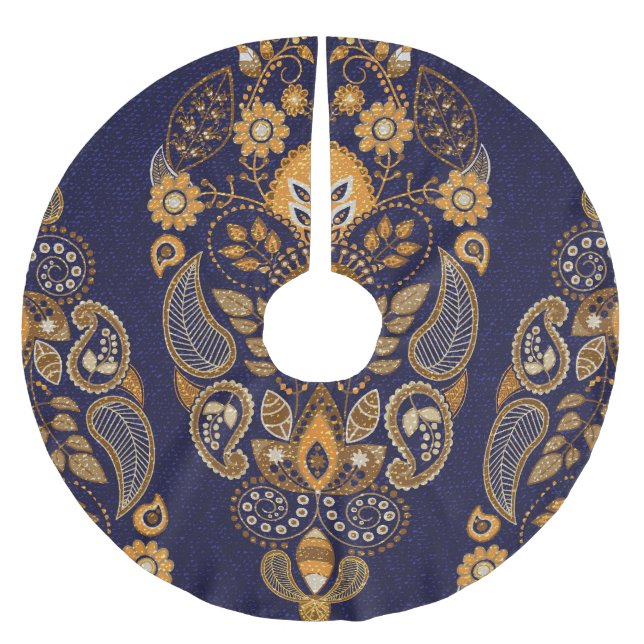 Gold and blue, floral seamless pattern. brushed polyester tree skirt (Front)