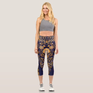 Gold and blue, floral seamless pattern. capri leggings