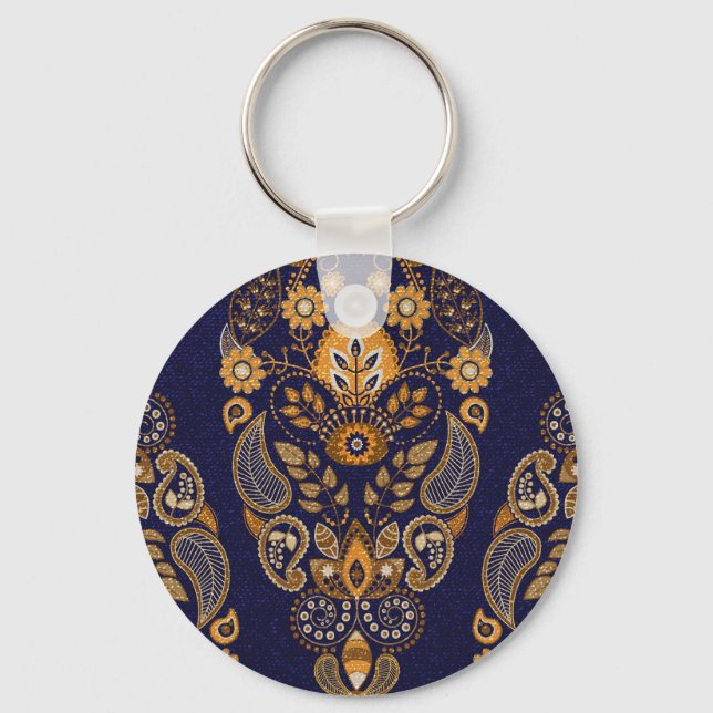 Gold and blue, floral seamless pattern. keychain (Front)