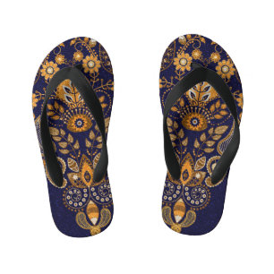 Gold and blue, floral seamless pattern. kid's flip flops