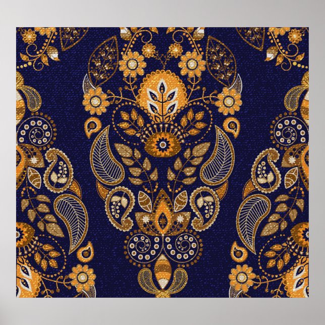 Gold and blue, floral seamless pattern. poster (Front)