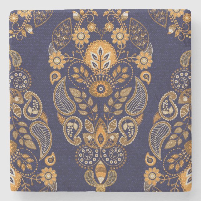 Gold and blue, floral seamless pattern. stone coaster (Front)