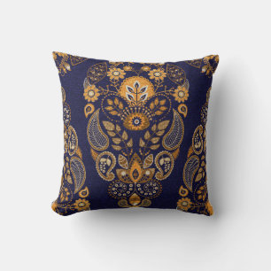 Gold and blue, floral seamless pattern. throw pillow