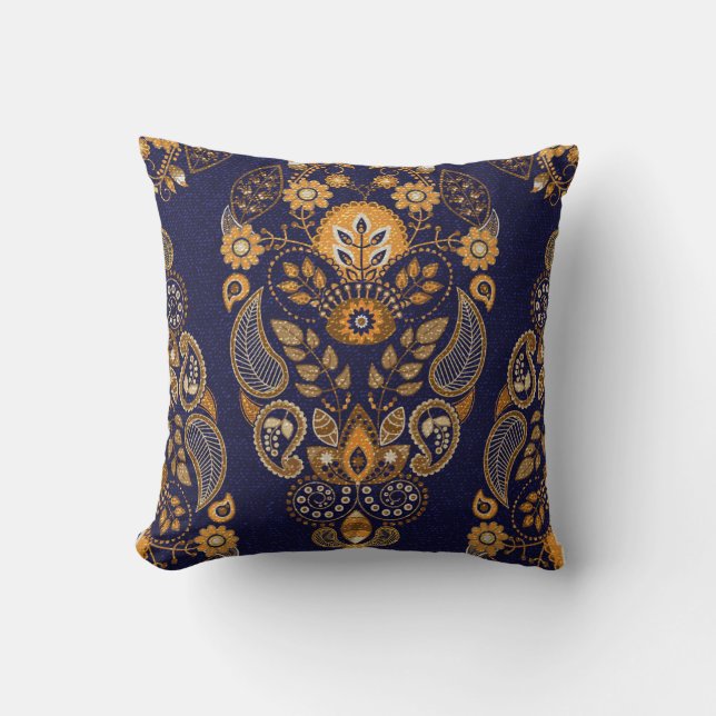 Gold and blue, floral seamless pattern. throw pillow (Front)