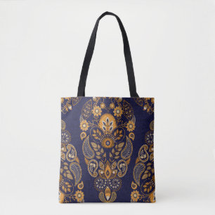 Gold and blue, floral seamless pattern. tote bag