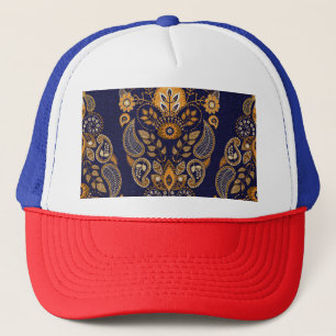 Gold and blue, floral seamless pattern. trucker hat