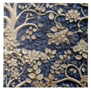 Gold and Blue Floral Tree Relief Effect Tile