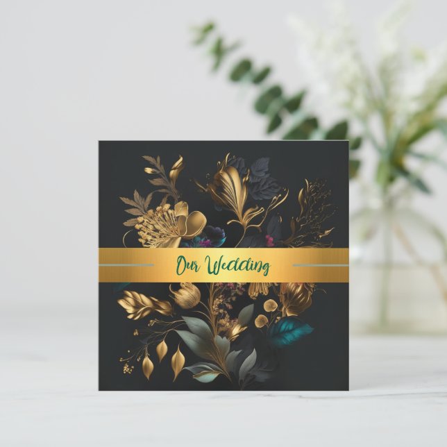 Gold and Blue Garden Wedding Invitation (Standing Front)