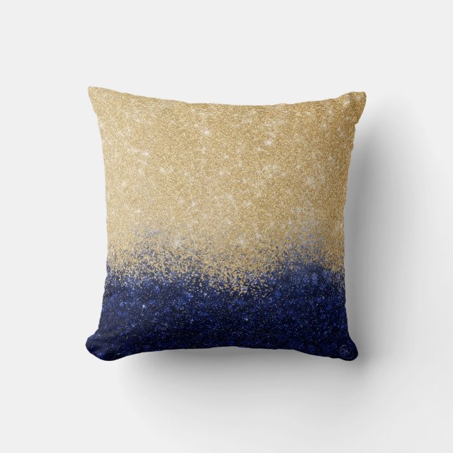 Gold and Blue Glitter Ombre Luxury Design Throw Pillow (Front)
