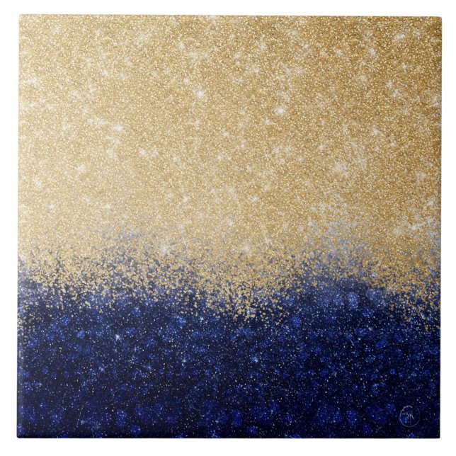 Gold and Blue Glitter Ombre Luxury Design Tile (Front)