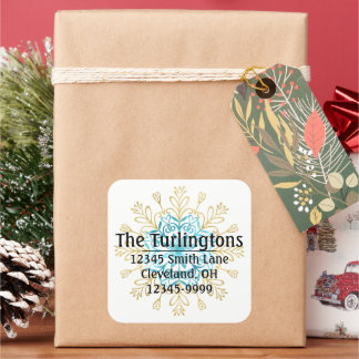 Gold and Blue Handmade Snowflake Return Address Square Sticker