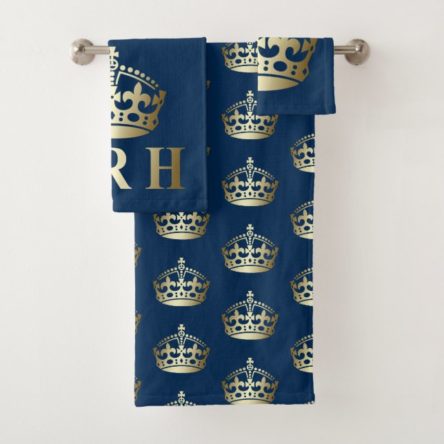 Gold and Blue HRH Royal Highness Crown Bath Towel Set (Insitu)