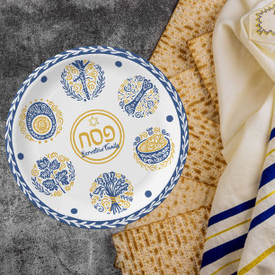 Gold and Blue Jewish Holiday Hebrew Passover Paper Plate