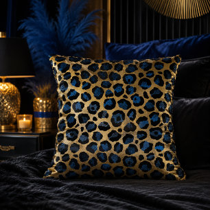 Gold and Blue Leopard Print Animal Pattern Throw Pillow