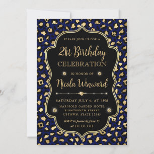 Gold and Blue Leopard Print Birthday Party Invitation