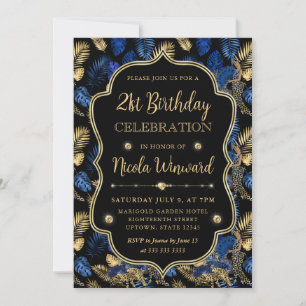 Gold and Blue Leopard Print Birthday Party Invitation