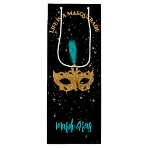 Gold and Blue Mask Mardi Gras Party Wine Gift Bag