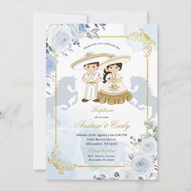Gold and Blue Mexican Boy Girl Baptism Invitation (Front)
