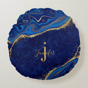Gold and Blue Modern Elegant Custom Name Monogram Round Pillow