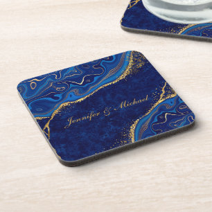 Gold and Blue Modern Wedding Elegant Custom Name Coaster