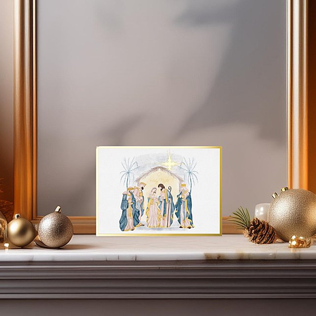 Gold and blue nativity Christmas Foil Holiday Card (Creator Uploaded)